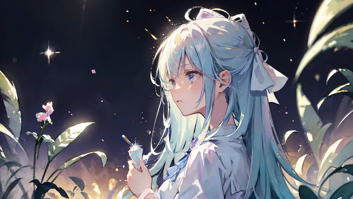 masterpiece, highest quality, Very detailed, watercolor, Focus on the face, moon, pretty girl, 1 girl, alone, one piece, beautiful light blue hair, Beautiful purple eyes, Beautiful Eyes, White skin, Long Hair, Transparent Hair, Translucent hair, ribbon, Flowers, Glitter effect, Glitter effect, Luminous effect, cloudy, cloud, Soap bubble effect, Heart effect, profile, watercolor