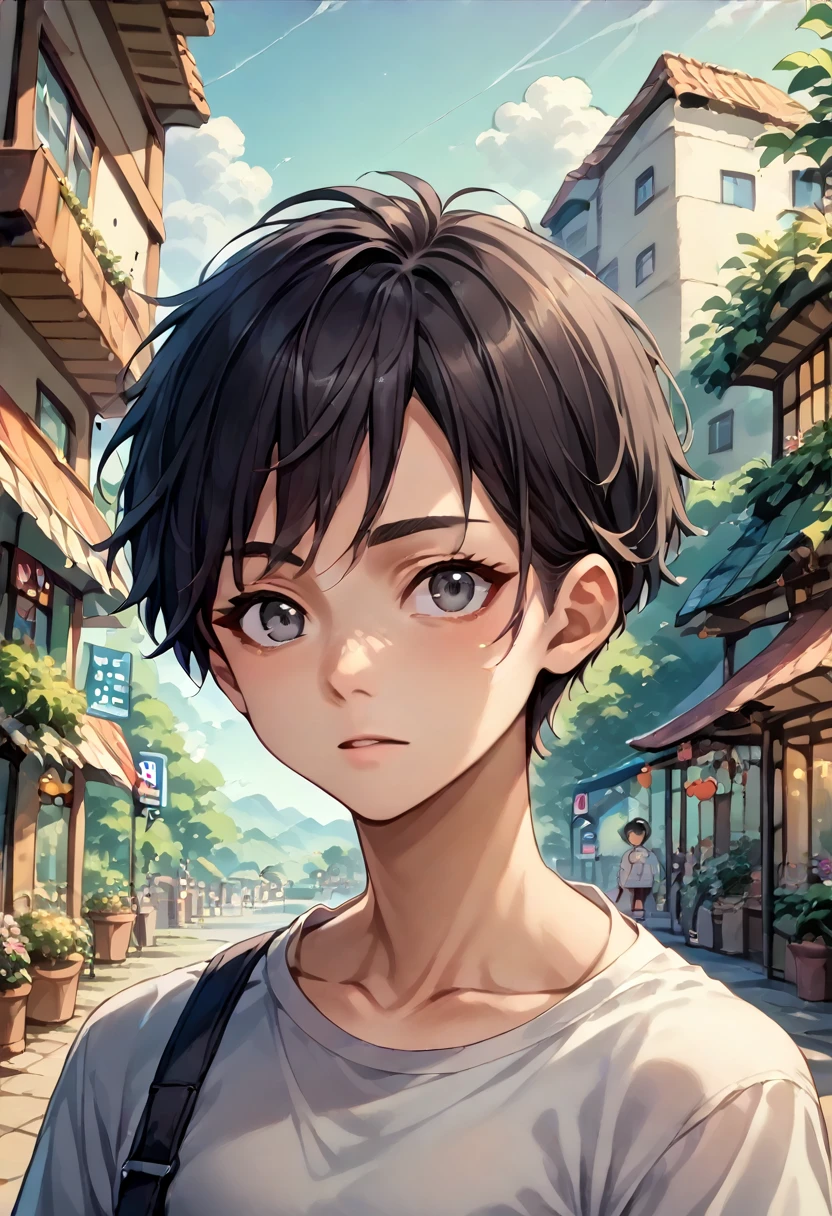 masterpiece, highest quality, Anime Style,Icon Style, 1 person,Atmospheric, Age 25, Highly detailed face, ((Dark grey eyes)), ((Dark hair parted in the center、Short Hair)),, ((Casual clothing)),background:white