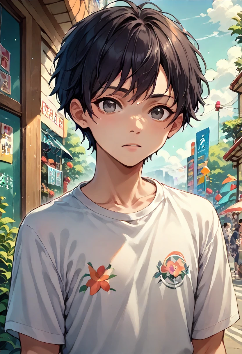 masterpiece, highest quality, Anime Style,Icon Style, 1 person,Atmospheric, Age 25, Highly detailed face, ((Dark grey eyes)), ((Dark hair parted in the center、Short Hair)),, ((Casual clothing)),background:white