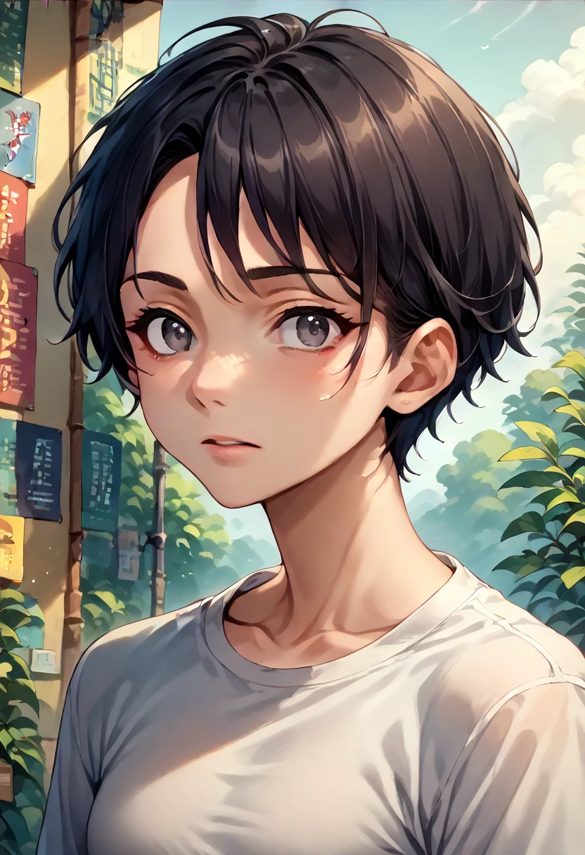 masterpiece, highest quality, Anime Style,Icon Style, 1 person,Atmospheric, Age 25, Highly detailed face, ((Dark grey eyes)), ((Dark hair parted in the center、Short Hair)),, ((Casual clothing)),background:white