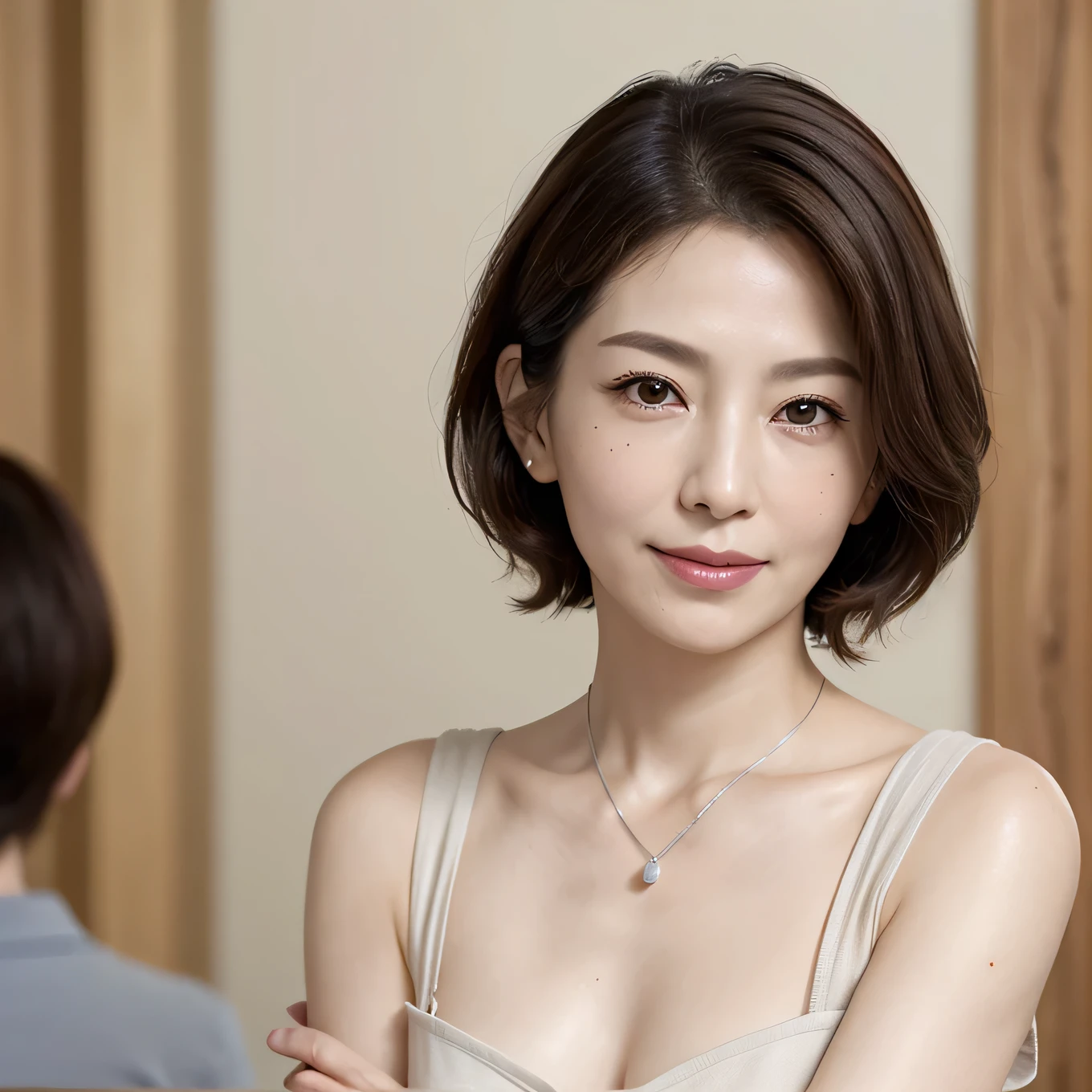 nsfw:1.4, (8K, top-quality, ​masterpiece:1.3, 超A high resolution, A hyper-realistic), High Detail, (Face like the real thing), Photorealsitic, Raw foto, ((one beautiful women)), Detailed face, beautidful eyes, realisticeyes, Eyes in Beautiful Details, (real looking skin), Beautiful skins, enticing, depth of fields, hight resolution, High pixel count, ((Sideways face, Looking away, Don't look your audience in the eye, Don't look at the camera)), fashionable cafe, The background is also in the picture, clear details, sharp photo, Natural color reproduction, Noise Reduction, High fidelity, Small pendant in silver color, A small necklace in silver color, ((Looks like a whole body:1.3))， (Wine-colored light knit U-neck shirt, Neat and clean clothing, Clothing that makes it difficult to see the chest, Clothing that makes it difficult to see the chest, Clothes with flat breasts), pronounced nipples, Sexy lips, Ears are visible, a smile, kindly smile, Beautiful skins, enticing, the golden ratio, (Detal Face:1.2), profetional lighting, Lighting the face, best light, japanes, A Japanese Lady, Japan Mature Woman, a matural female, Short Bob Hair, ((sixty years old, Beautiful, Wrinkles on the face, Wrinkles at the corners of the eyes, Nasolabial fold wrinkles, Small wrinkles, Beautiful, Beautiful Aunt, Moderate moles, Small mole on the face))