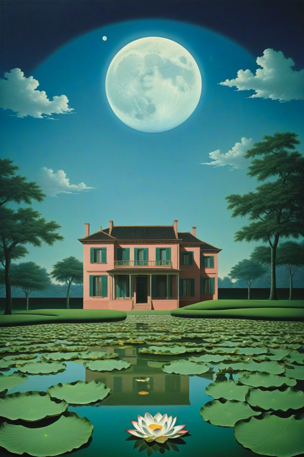 surreal picture of a house, lotus pond, full moon, magritte style, photorealistic, highly detailed, cinematic lighting, dramatic shadows, vibrant colors, atmospheric, dreamlike, surreal, magical realism, ethereal