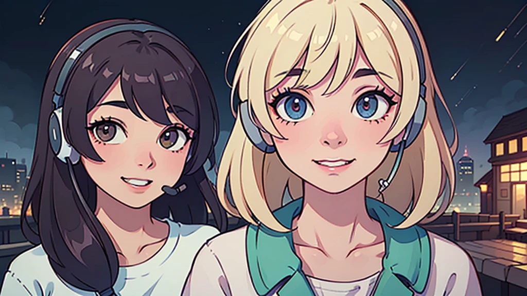 (In 8K, Ultra-high resolution, Best Quality, Masterpiece:1.2), (Realistic illustrations), (Highly Detailed CG Unity 8K Wallpaper), Relaxed girl listening to music with headset, smile, Detailed teeth, はにかんだsmile, Nostalgic vintage style animation, 80s city night view