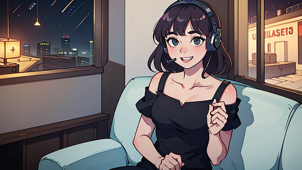 (In 8K, Ultra-high resolution, Best Quality, Masterpiece:1.2), (Realistic illustrations), (Highly Detailed CG Unity 8K Wallpaper), Relaxed girl listening to music with headset, smile, Detailed teeth, はにかんだsmile, Nostalgic vintage style animation, 80s city night view