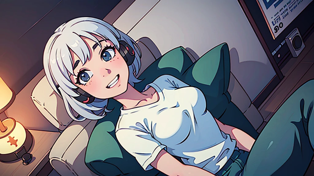 (In 8K, Ultra-high resolution, Best Quality, Masterpiece:1.2), (Realistic illustrations), (Highly Detailed CG Unity 8K Wallpaper), Relaxed girl listening to music with headset, smile, Detailed teeth, はにかんだsmile, Nostalgic vintage style animation, 80s city night view