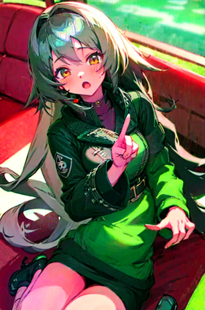 cute anime girl - long black hair - grey headset - closeup shot - pretty brown eyes - peace sign on hand resting on cheek- black jacket - sitting back