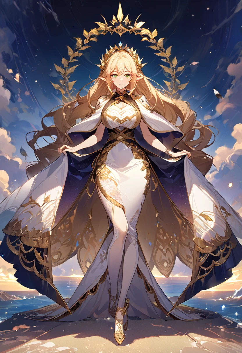 masterpiece, best quality, 8k ,4k , 1girl, elf queen, blond reddish hair, green eyes, big boobs, gold wreath crown, hair ornament, finely detailed eyes and detailed face, looking at viewer, white sleeveless, Lace dress, patterned clothes, gold embroidery clothes, meticulous clothes, mature clothes, transparent cape with lace, majestic looks, smiling gently, small bird, full body, inspired by Asukaziye artist : ask, art style : ask