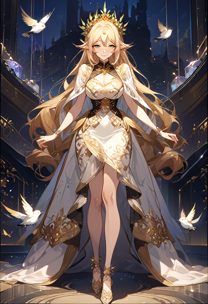 masterpiece, best quality, 8k ,4k , 1girl, elf queen, blond reddish hair, green eyes, big boobs, gold wreath crown, hair ornament, finely detailed eyes and detailed face, looking at viewer, white sleeveless, Lace dress, patterned clothes, gold embroidery clothes, meticulous clothes, mature clothes, transparent cape with lace, majestic looks, smiling gently, small bird, full body, inspired by Asukaziye artist : ask, art style : ask