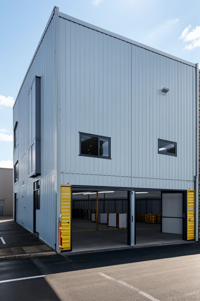 Elevation of Modern single storey warehouse with an office on the left, entire building to be facing west. There must be a wide entrance for lorry access on the west side itself.