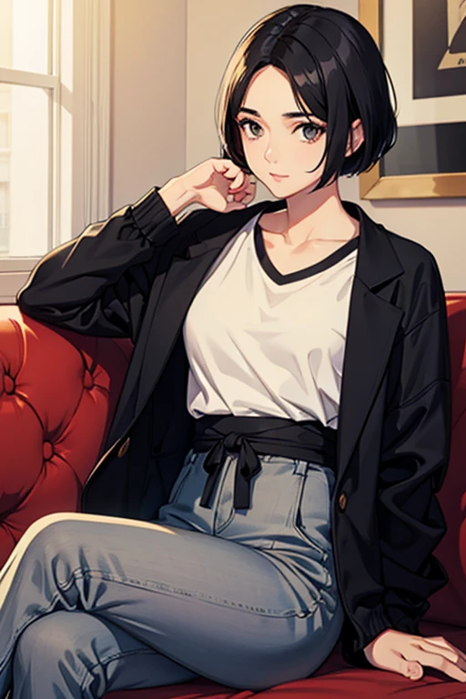 high quality、Realistic facial features sitting in a fashionable cafe in the sunlight、Black hair, center parted、short hair、Looks just like the idol Cha Eun-woo、elongated head shape,,、Beautiful face、slightly flabby eyes and parallel eyebrows,,,、Kind Face、Classy atmosphere、Widely accepted、Fashionable clothes t-shirt and black jacket、Man in black pants