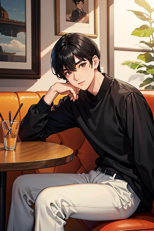 high quality、Realistic facial features sitting in a fashionable cafe in the sunlight、Black hair, center parted、short hair、Looks just like the idol Cha Eun-woo、elongated head shape,,、Beautiful face、slightly flabby eyes and parallel eyebrows,,,、Kind Face、Classy atmosphere、Widely accepted、Fashionable clothes t-shirt and black jacket、Man in black pants