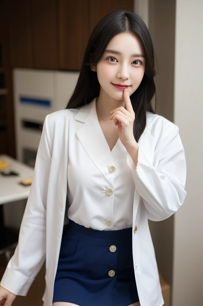 (masterpiece, best quality), 1girl, A beautiful young Korean woman in a white lab coat, wearing (open white lab coat, button-down white blouse, dark blue skirt, stockings), fingersmile, (cowboy shot), extremely detailed face and eyes, detailed facial features, intricate details, realistic, photorealistic, photo-realistic:1.37, best quality, 8k, masterpiece:1.2, ultra-detailed, vivid colors, studio lighting, physically-based rendering, ((perfect face))