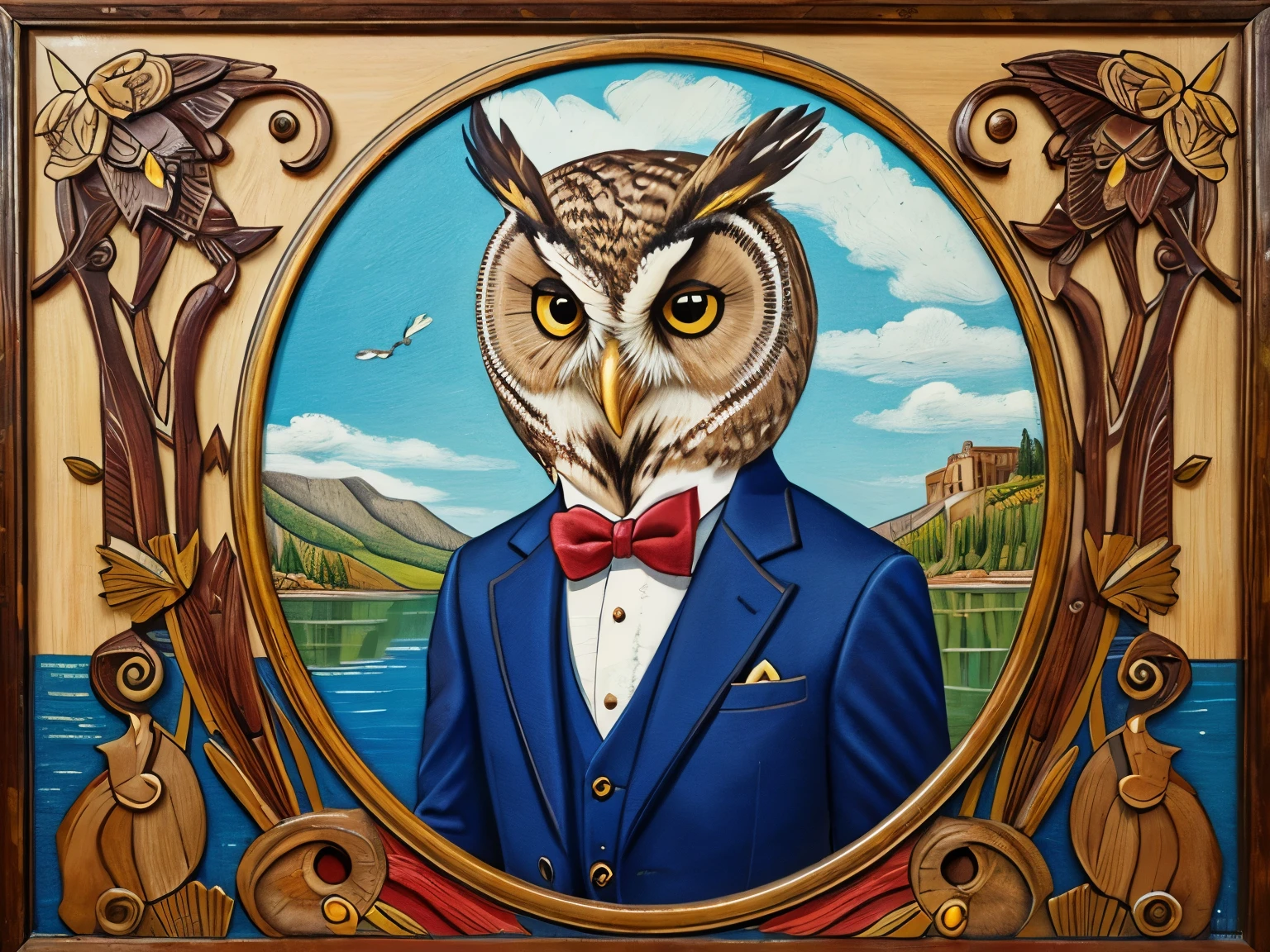 A portrait of an owl-headed upper body wearing a suit，Embroidered lake style，Partially hand-painted