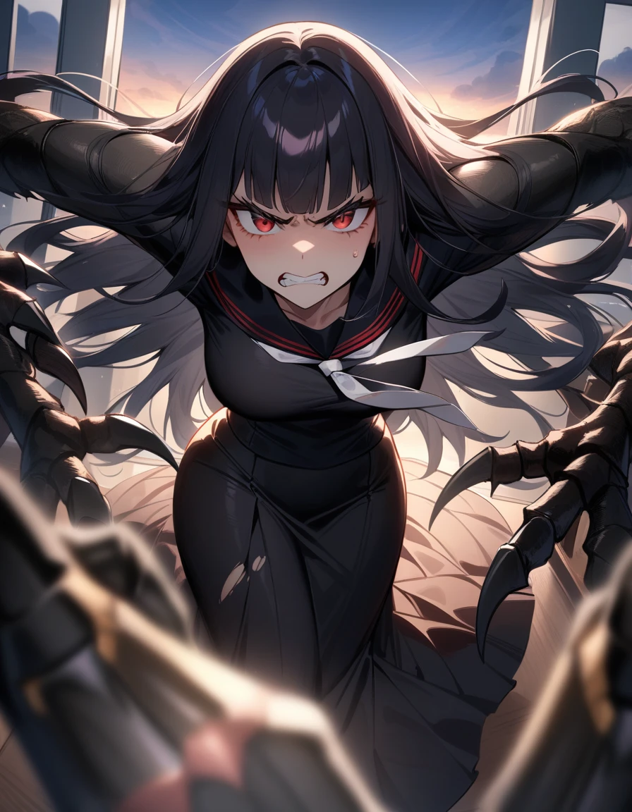 (masterpiece,best quality,very aesthetic),(ultra-detailed),nsfw,(atlach-nacha,degenerate),1girl,20yo,Statuesque,curvy,tall,long hair, black hair,straight hair,(blunt bangs),beautiful red eyes,glaring,clenching teeth,furious,rage,Abdominal injury,vomiting blood,look down on with disdain,black serafuku in winter,long sleeves,(long skirt),white ribbon tie,torn clothes,painful,incoming attack,assaulting,high speed,classroom,dusk sky,leather shoes,The setting sun is shining in the classroom,(black Claws with arms fused like spider arm:1.3),solo,looking at viewer,cowboy shot