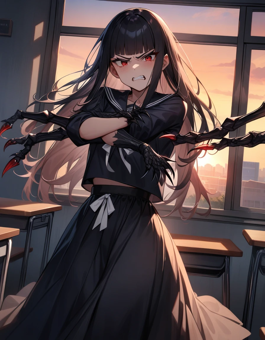 (masterpiece,best quality,very aesthetic),(ultra-detailed),nsfw,(atlach-nacha,degenerate),1girl,20yo,Statuesque,curvy,tall,long hair, black hair,straight hair,(blunt bangs),beautiful red eyes,glaring,clenching teeth,furious,rage,Abdominal injury,vomiting blood,look down on with disdain,black serafuku in winter,long sleeves,(long skirt),white ribbon tie,torn clothes,painful,incoming attack,assaulting,high speed,classroom,dusk sky,leather shoes,The setting sun is shining in the classroom,(black Claws with arms fused like spider arm:1.3),solo,looking at viewer,cowboy shot