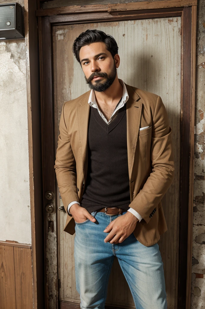 A young man with short black hair and a neatly trimmed mustache and beard is posing in front of a wooden door with a white panel. He is wearing a brown blazer over a blue collared shirt with a visible lanyard around his neck. The background features a worn-out wall with some markings and peeling paint. The setting appears to be indoors, possibly in a hallway or a simple room