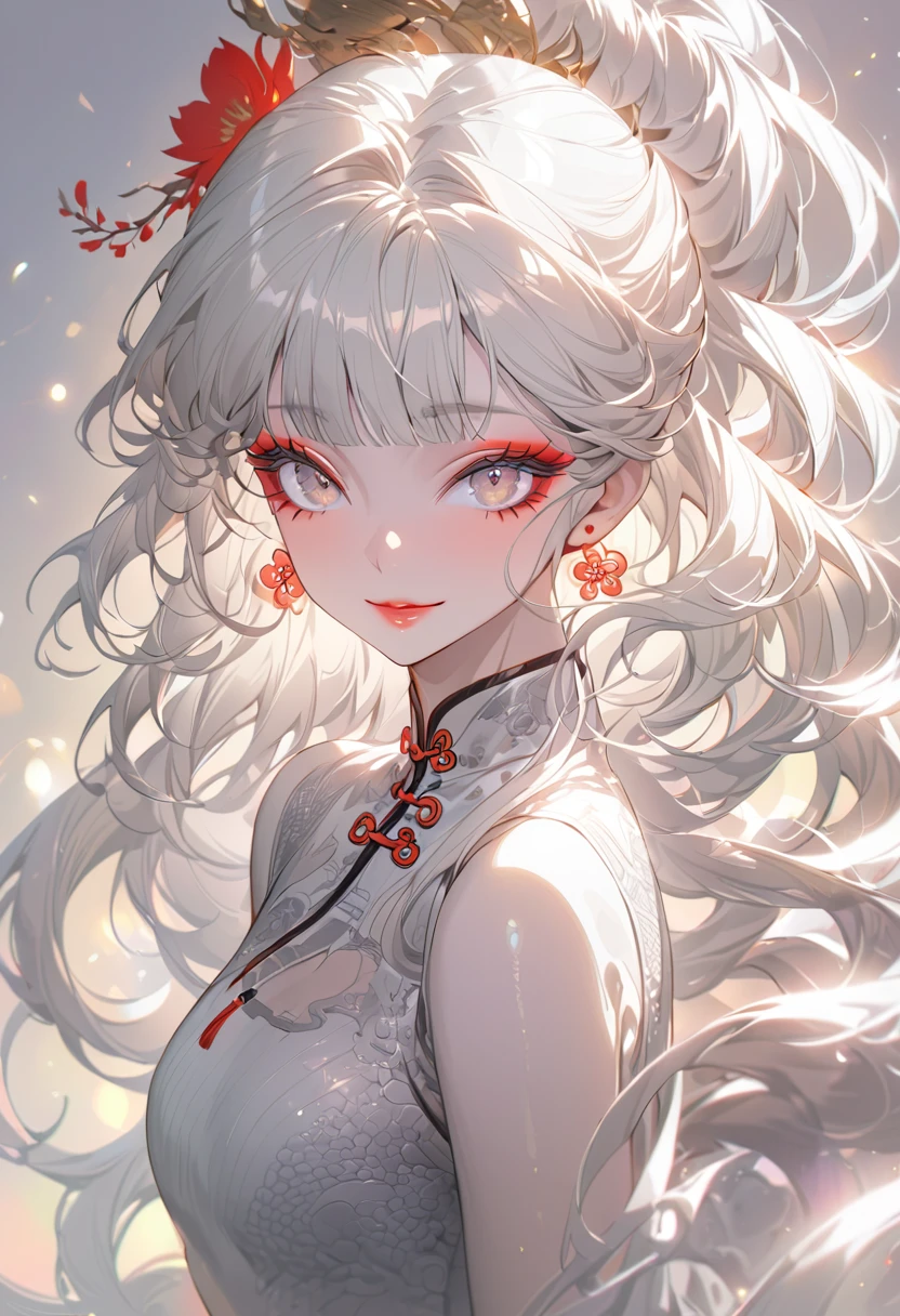 (highest quality,Super detailed,High resolution:1.2),beautiful woman with perfect face,very_Long eyelashes, Detailed lips, A radiant smile, Soft Skin, Shiny Hair,Exquisite makeup,Heavy bangs,Chinese clothing