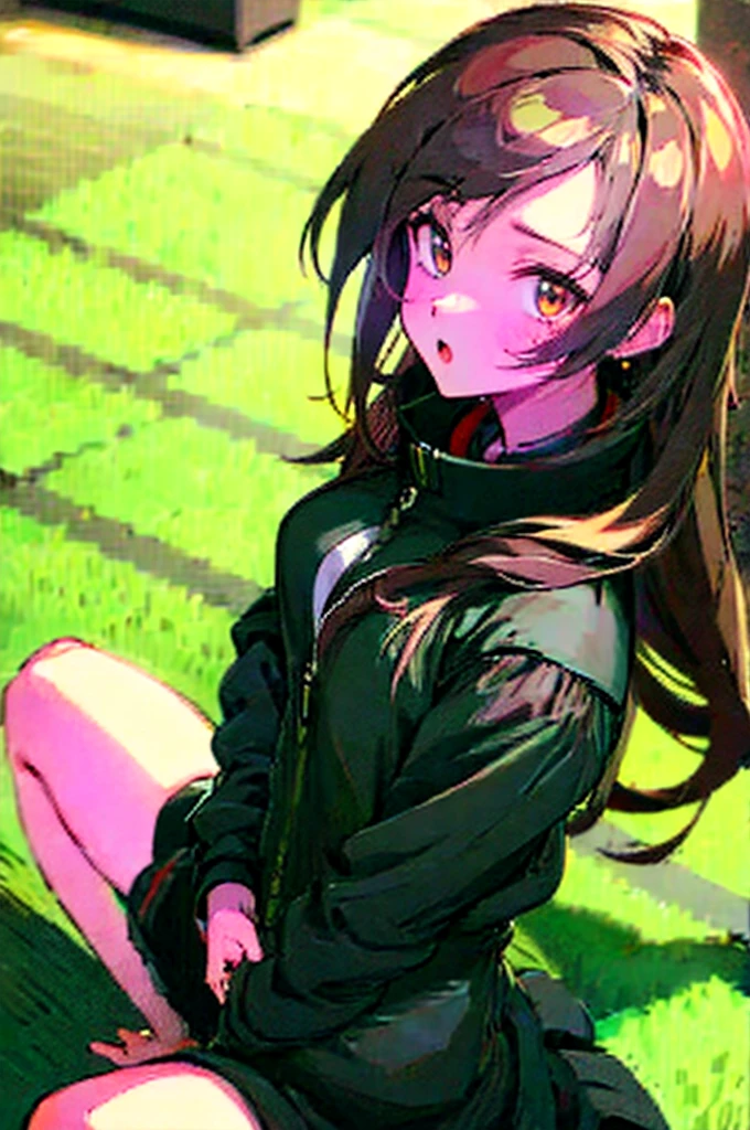 cute anime girl - long black hair - grey headset - closeup shot - pretty brown eyes -black jacket - sitting back


