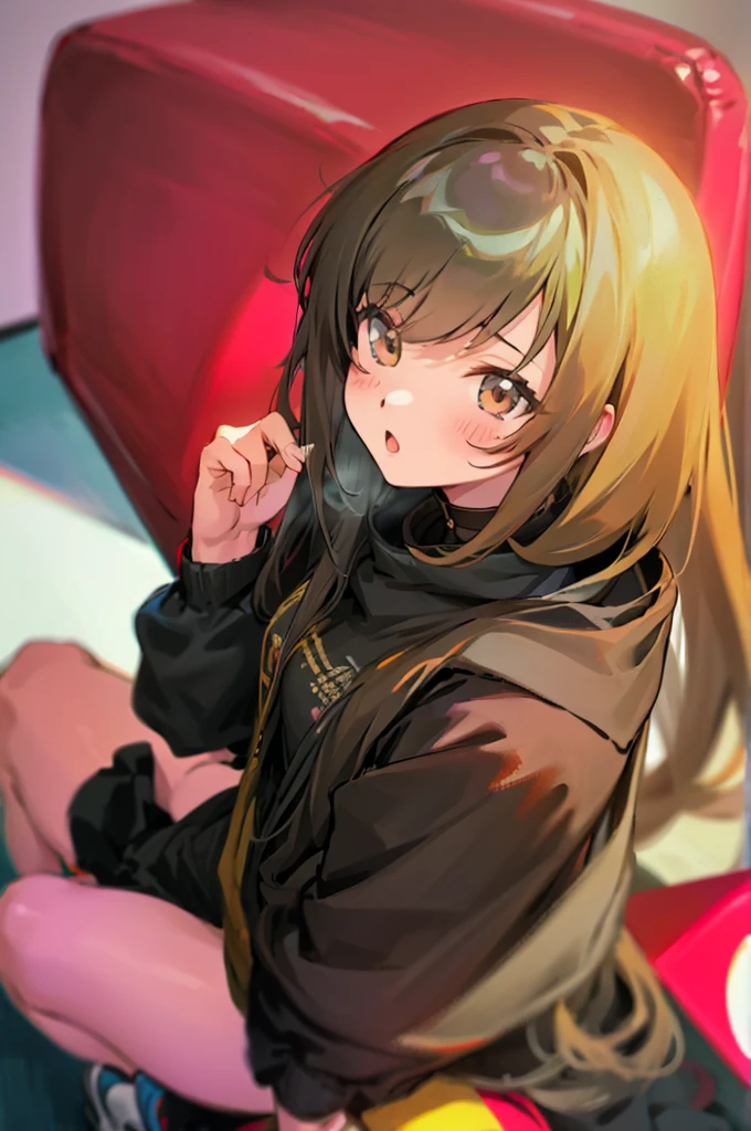 cute anime girl - long black hair - grey headset - closeup shot - pretty brown eyes -black jacket - sitting back