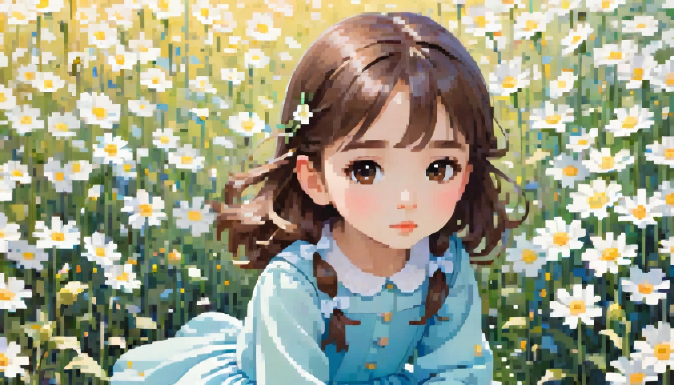 a small girl with brown hair, brown eyes, blue long-sleeved dress, sitting in a field of white flowers, pastel color style