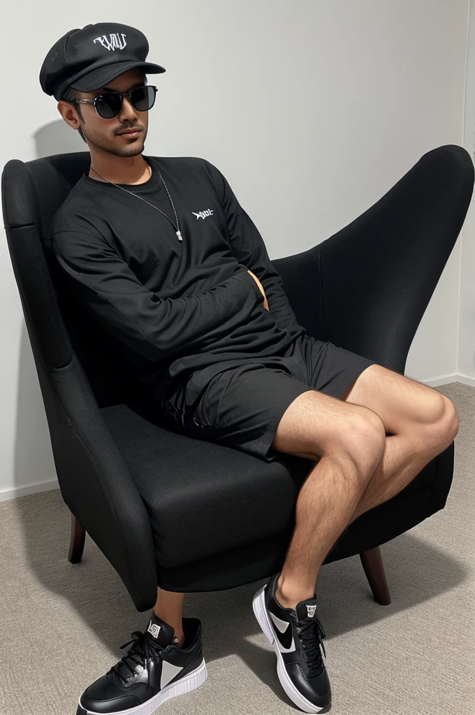 Adult boy in a black shirt sitting casually on a Wingback Chair. Wearing sneakers,a black cap, and sunglasses, he looks ahead. The background features "mehtab" in big and capital white fonts on the black wall. There should not be his shadow, and there are wings to make it appear as if he is an angel,3d