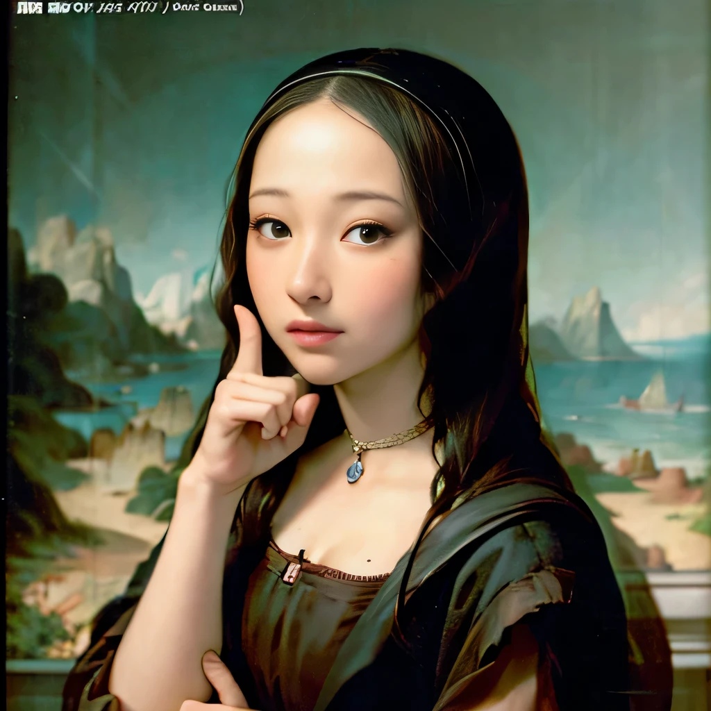 raw photo , 8K, ultra detailed, (anime, manga:1.2), (mona lisa), (round face),(chubby:1.0),(finger to cheek:1.3)