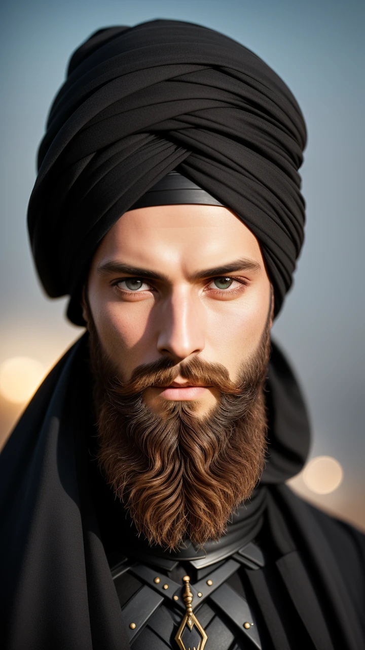 close up portratit of dune citadel (dark rider), hair covered with a fantastic turban, beard, transparent black veil, the composition is balanced and dynamic, fog, (detailed skin, skin texture), (intricately detailed eyes, fine details, hyperdetailed), epic cinematic, golden hour lighting, photojournalism, wignette, HDR, photo realistic, professional photo, sharp focus bokeh, (photo quality:1.4)