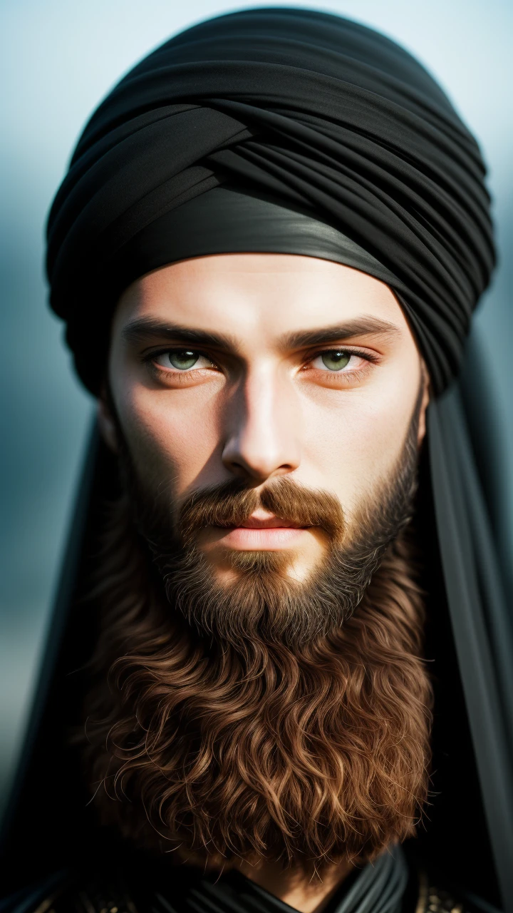 close up portratit of dune citadel (dark rider), hair covered with a fantastic turban, beard, transparent black veil, the composition is balanced and dynamic, fog, (detailed skin, skin texture), (intricately detailed eyes, fine details, hyperdetailed), epic cinematic, golden hour lighting, photojournalism,  wignette, HDR, photo realistic, professional photo, sharp focus bokeh, (photo quality:1.4)