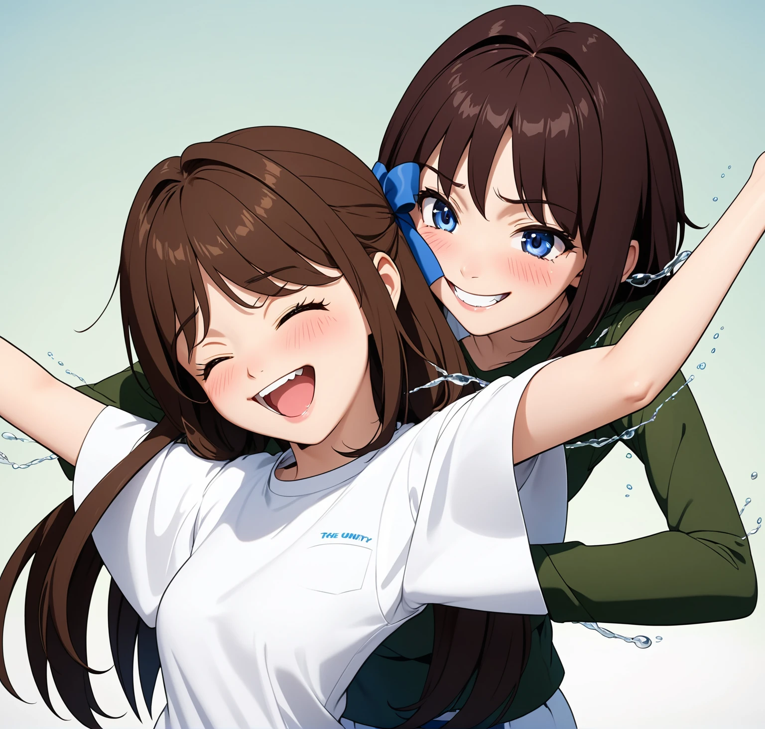 two extremely delicate and beautiful girls,Girl in white shirt raising her arms,The other girl put her hand into the sleeve of the girl in the white shirt with a sly smile,(laughing:1.4),(big mouth:1.1),open mouth,happy,(frown:1.3),crazy smile,(pain face:1.2),blush,tears,sweat,(tickling armpits),((trembling)),(((masterpiece))), (((best quality))), (official art), ((extremely detailed CG unity 8k wallpaper)), (Best character details), ((ultra-detailed)), (illustration), (dynamic angle),