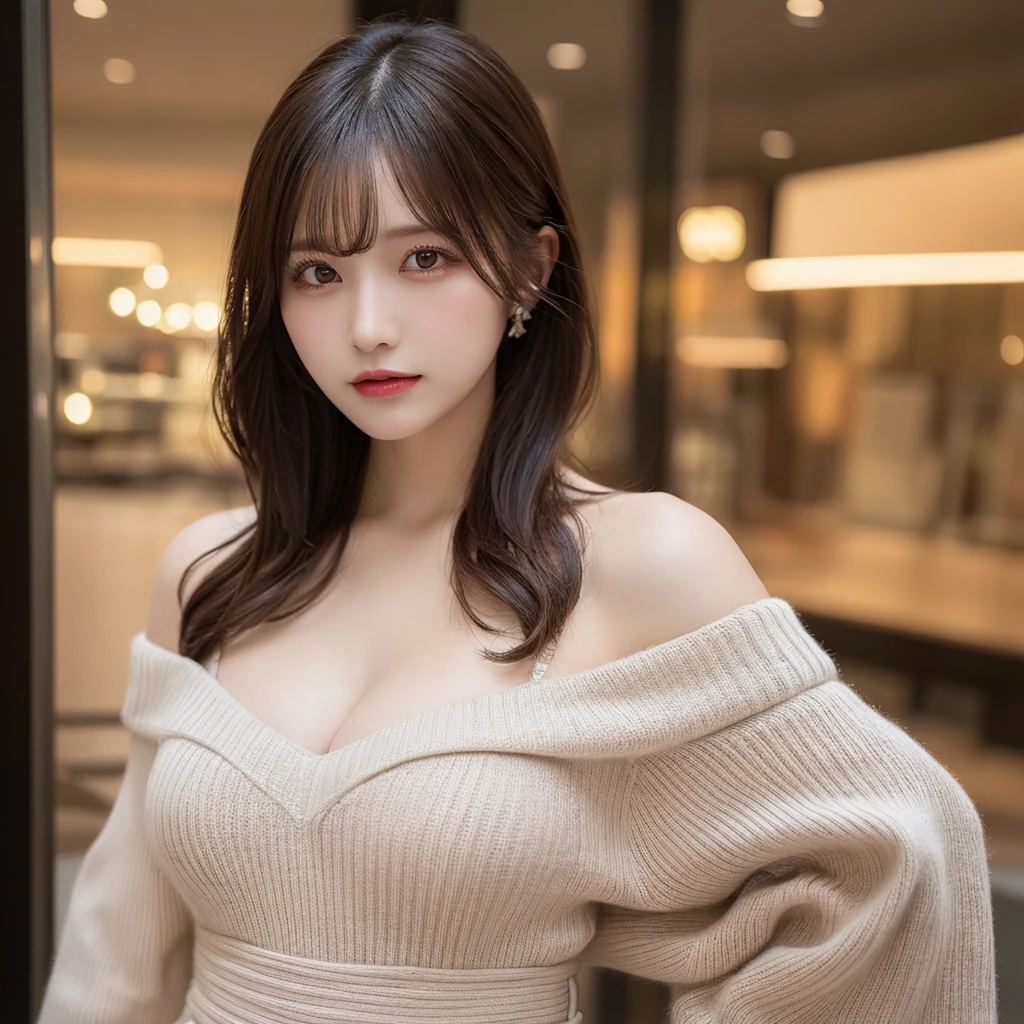masutepiece, Best Quality, Illustration, Ultra-detailed, finely detail, hight resolution, 8K Wallpaper, Perfect dynamic composition, Beautiful detailed eyes, Knitted dresses,off shoulders,Full body,Natural Lip, Big breasts, Random sexy poses,cleavage,wedding