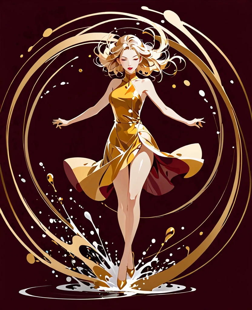 1 girl abstract,Splashes of golden color swirling in circles,dark red background