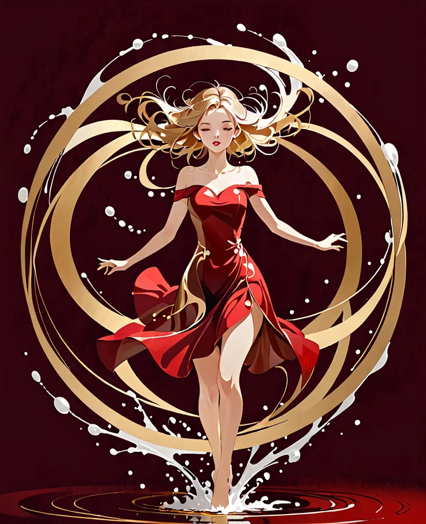 1 girl abstract,Splashes of golden color swirling in circles,dark red background