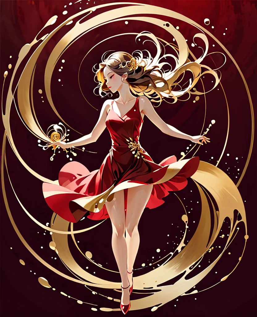 1 girl abstract,Splashes of golden color swirling in circles,dark red background