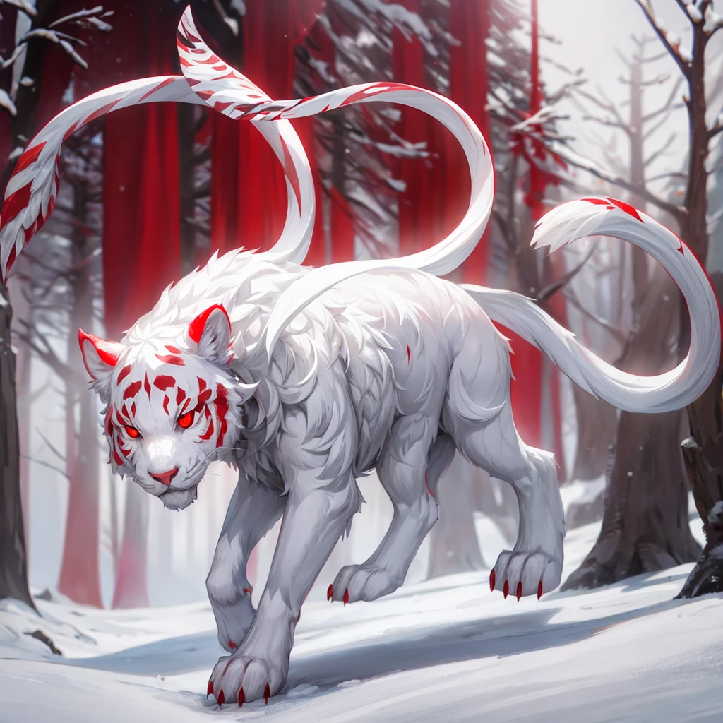 White wool, Red eyes, against the backdrop of a snowy forest