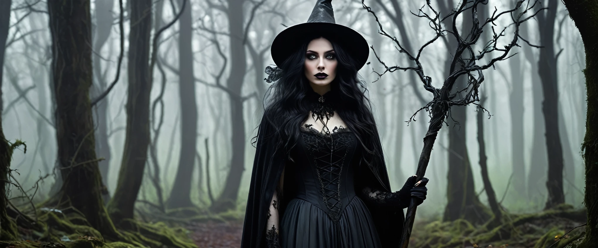 (masterpiece:1.2), (photorealistic:1.4),(best quality,highres),(dark,gothic) witch in a (mysterious,enchanted,spooky) forest, with (long,wavy) black hair and (grey pale) skin. She wears a (tattered,dress) black cloak and a (pointed) hat. Her (intense, piercing) green eyes gaze into the distance with a (mischievous) glint. She holds a (wooden) staff in one hand, which emits a (magical) glow. Around her, there are (twisted, gnarled) trees with (eerie) purple leaves and (creepy) vines. The forest is bathed in a (dim,moonlit) light, casting long shadows on the ground. The atmosphere is filled with (mysterious) fog and (whispering) sounds.
