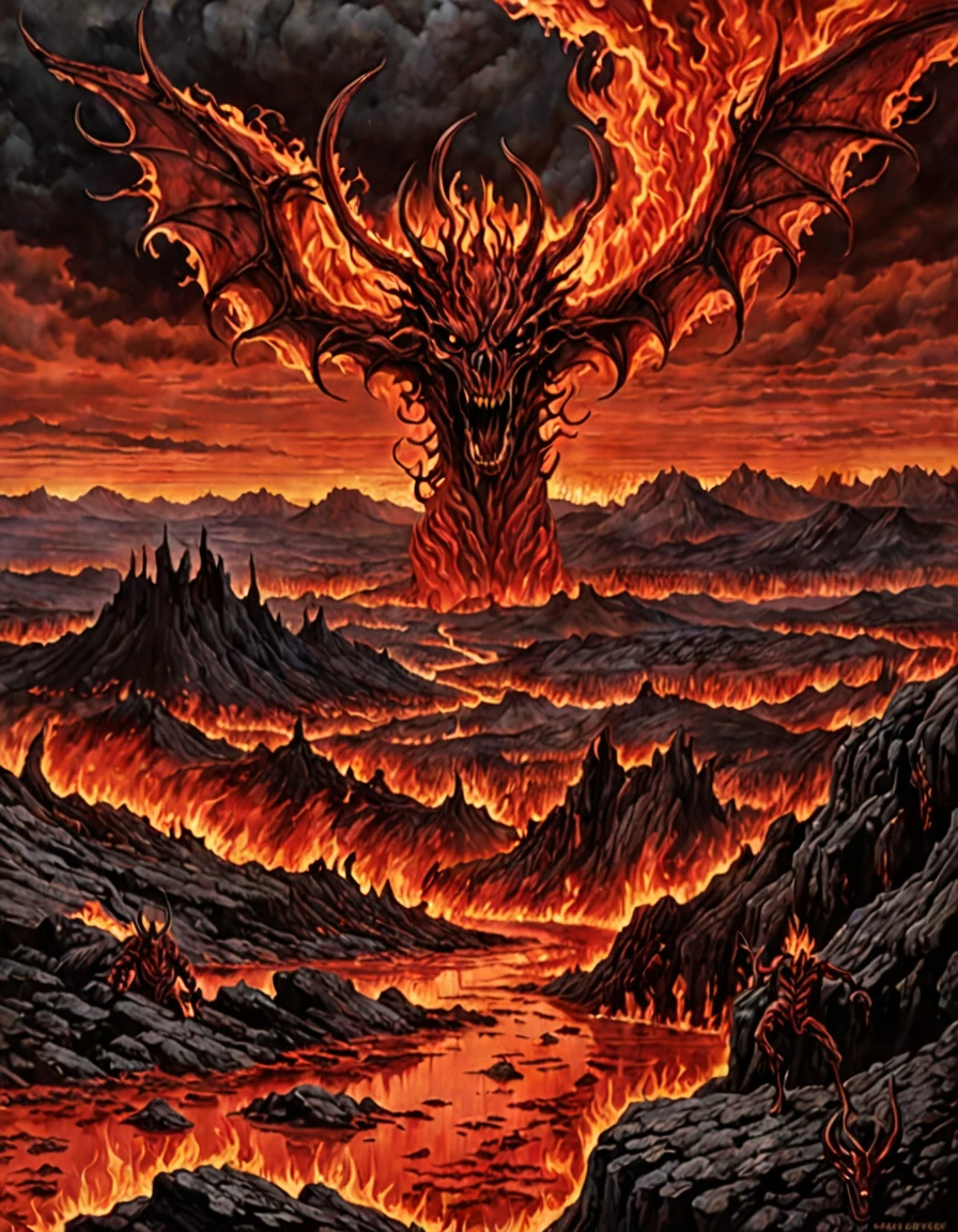 Hell, infernal landscape, fiery creatures, intense red hues, (hyperrealistic facial features:1.3)