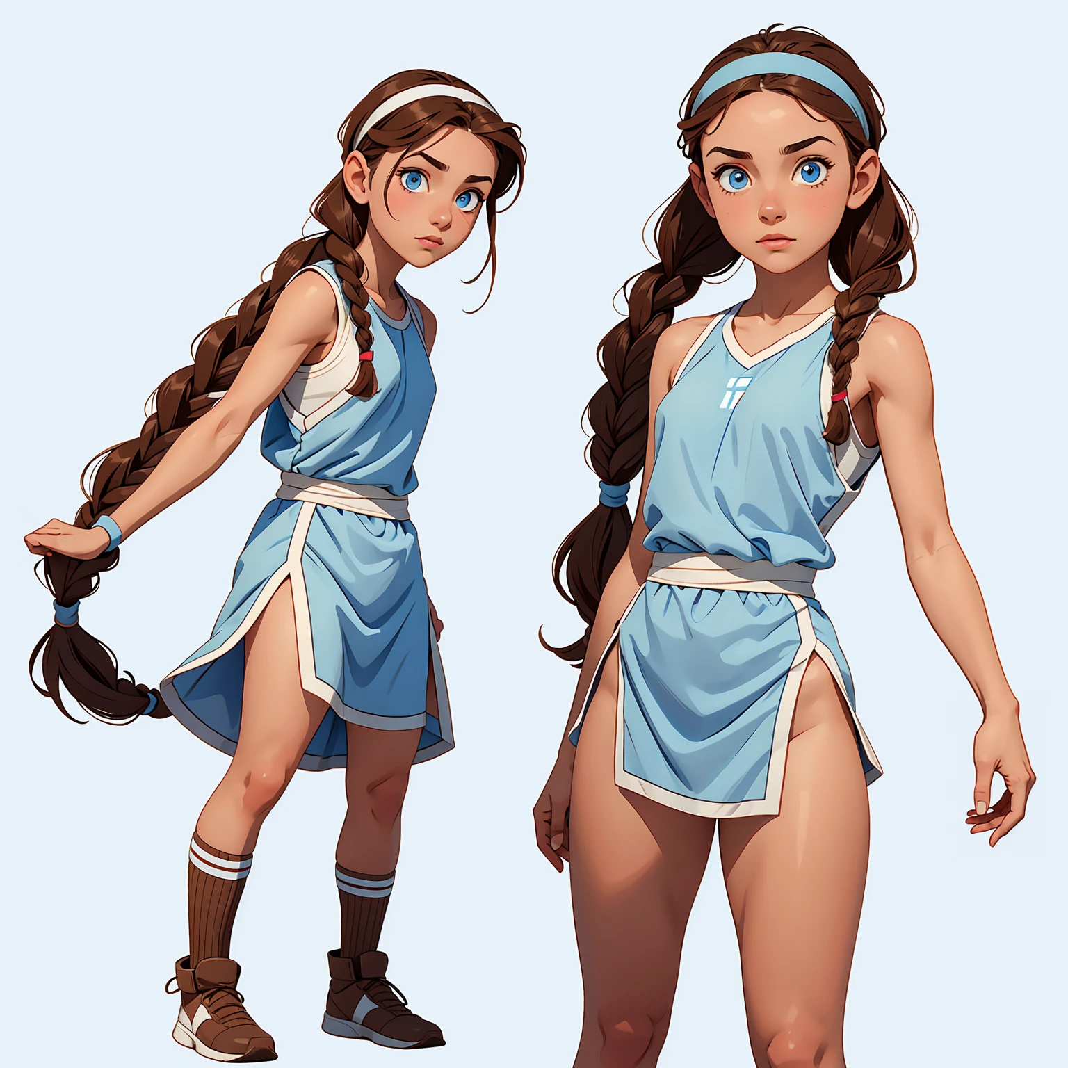 image split vertically in three, full body on the picture, standing italian girl , small breast, light blue eyes, brown hair, headband and braids, white background