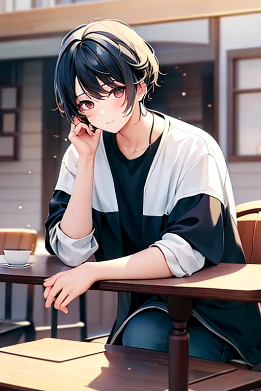 Boy, (boy: 23 years old, short hair, straight hair, black hair, bangs, casual wear), in eating, sitting on chair, dining table, food, background is living room, diorama drawing, anime, UHD, textured skin, high quality, high detail --auto --s2