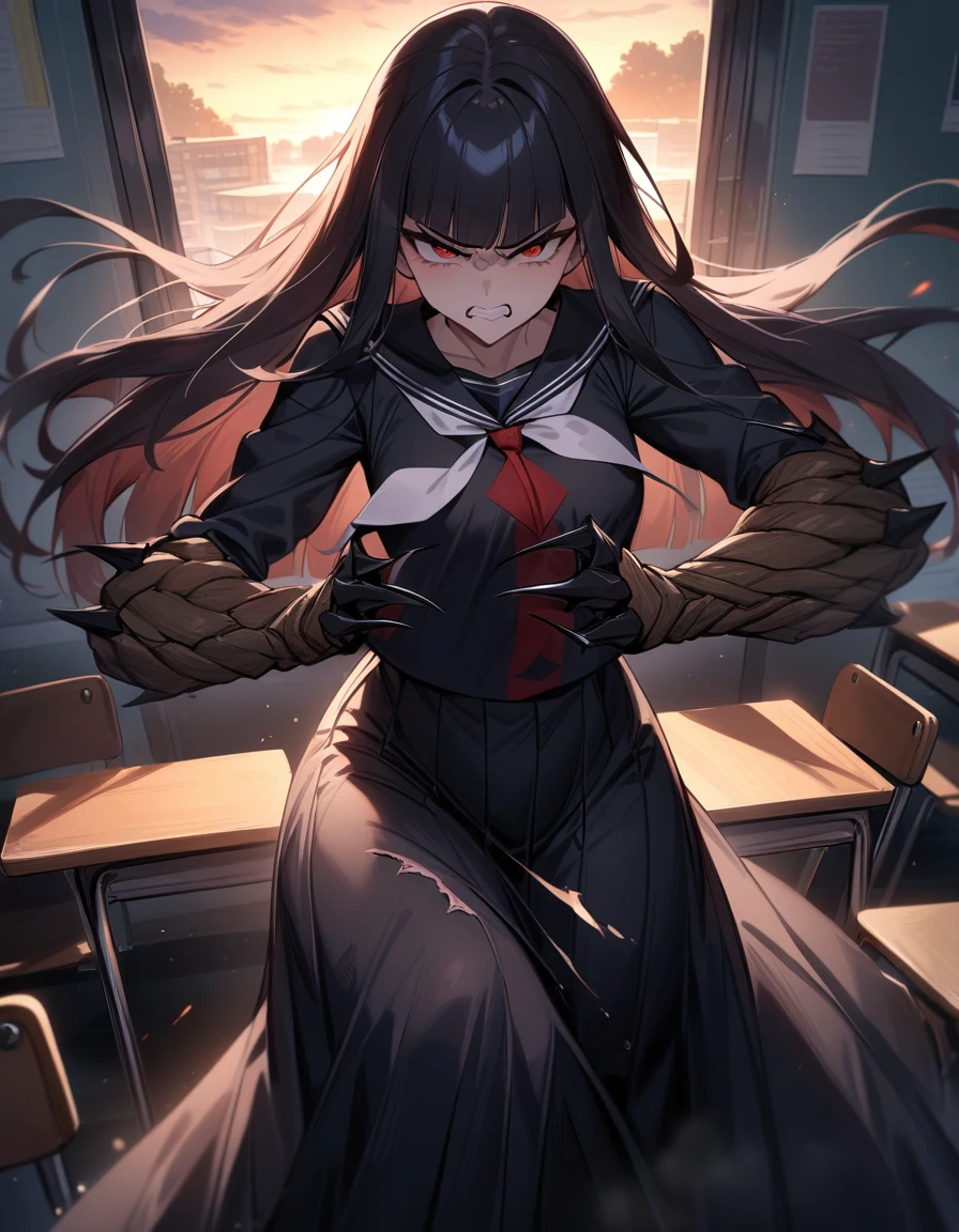 (masterpiece,best quality,very aesthetic),(ultra-detailed),nsfw,(atlach-nacha,degenerate),1girl,20yo,Statuesque,curvy,tall,long hair, black hair,straight hair,(blunt bangs),beautiful red eyes,glaring,clenching teeth,furious,rage,Abdominal injury,vomiting blood,look down on with disdain,black serafuku in winter,long sleeves,(long skirt),white ribbon tie,torn clothes,painful,incoming attack,assaulting,high speed,classroom,dusk sky,leather shoes,The setting sun is shining in the classroom,(black Claws with arms fused like spider arm:1.3),solo,looking at viewer,cowboy shot