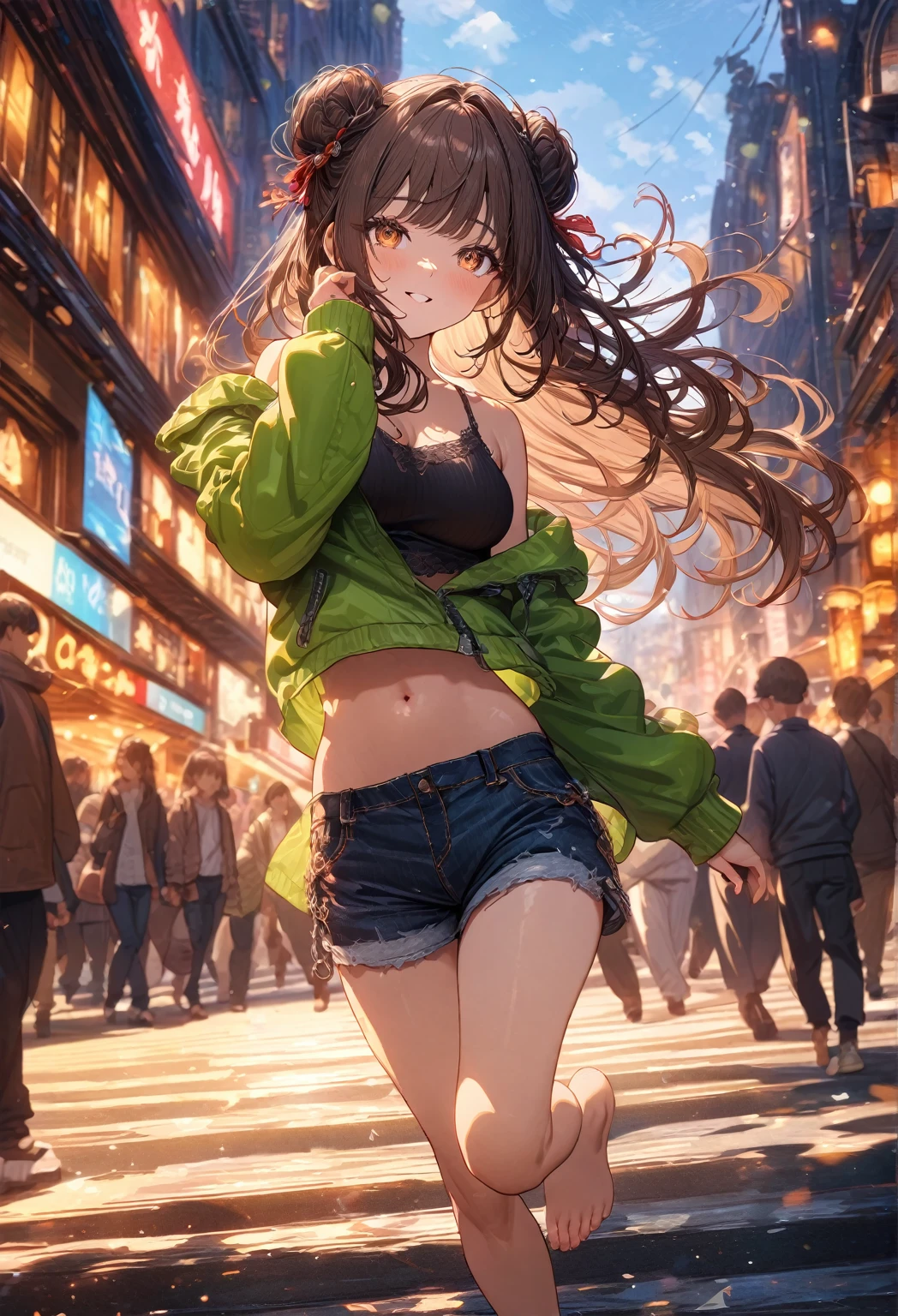 ((masterpiece:0), best quality, very aesthetic, newest, absurdres, detailed, high quality)
BREAK
highest quality, top quality, details, highres, ultra fine painting, digital art, official art, cinematic, 4k, 8k resolution, 8K CG wallpaper, CG, original artwork, detailed background, High Dynamic Range, blurry background, golden hour, blue hour, Starburst effects, crepuscular rays, good ISO, high resolution, wide shot, from far away, epic lighting, RAW photo, POV, sharp focus, lens flare, light reflection, reflections, light source, intricate details, hard light, particle noise, professional photography, bokeh, depth of field, good lighting, hard colors, looking away, detailed lights and shadows, stylish, ultra-detailed, Pixiv, trending art, niji style, modern-days, master crafted, pose
BREAK
solo, 1girl, a girl, correct fingers, detailed eyes, (medium big breasts:1.2), big thighs, short torso, short body, flushtered smile, warm happy expression, casual, (cute, slim), (childlike face:1.2), nice hips, nice body, brown hair, (long flowing hair:1.1), big 2 buns hairstyle, long bangs, long hair, middle hair bangs, brown eyes, dynamic pose, full body, barefoot
BREAK
(black string tank top, off shoulder open green hoodie, tummy skin:1.1, open unbuttoned shorts, outfit ornaments)
BREAK
a close up of a person walking down a street with a crowd of people, crowded street, crowded streets, in front of a large crowd, giant crowd, girl walking through city, people walking down a street