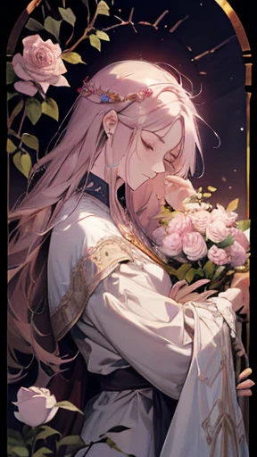 Priestess, briar, roses, thorns, bushes, festival, banners, sacrifice, spring, pastel iridescent flowers, sleeping