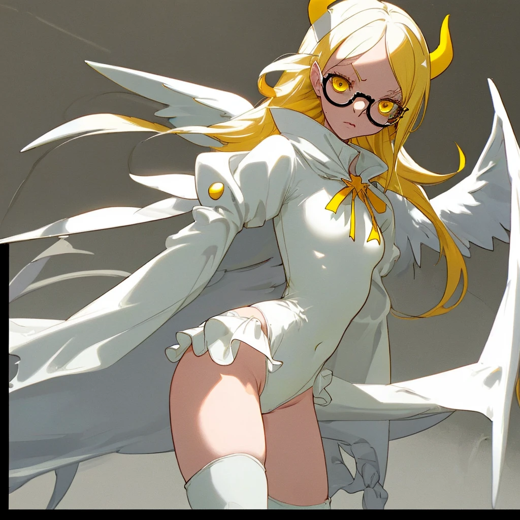 Egg-colored demon girl + Wear a white swimsuit with sleeves + white boots + It has white wings over black on its hips. + Long yellow hair tied up + yellow eyes + There is a small yellow star on the left cheek. + has a white tail + There is a white ribbon. + He has gray-white horns. + Has a black collar + There is a white shawl that leaves the middle. + Wearing red glasses. + holding devil fruit