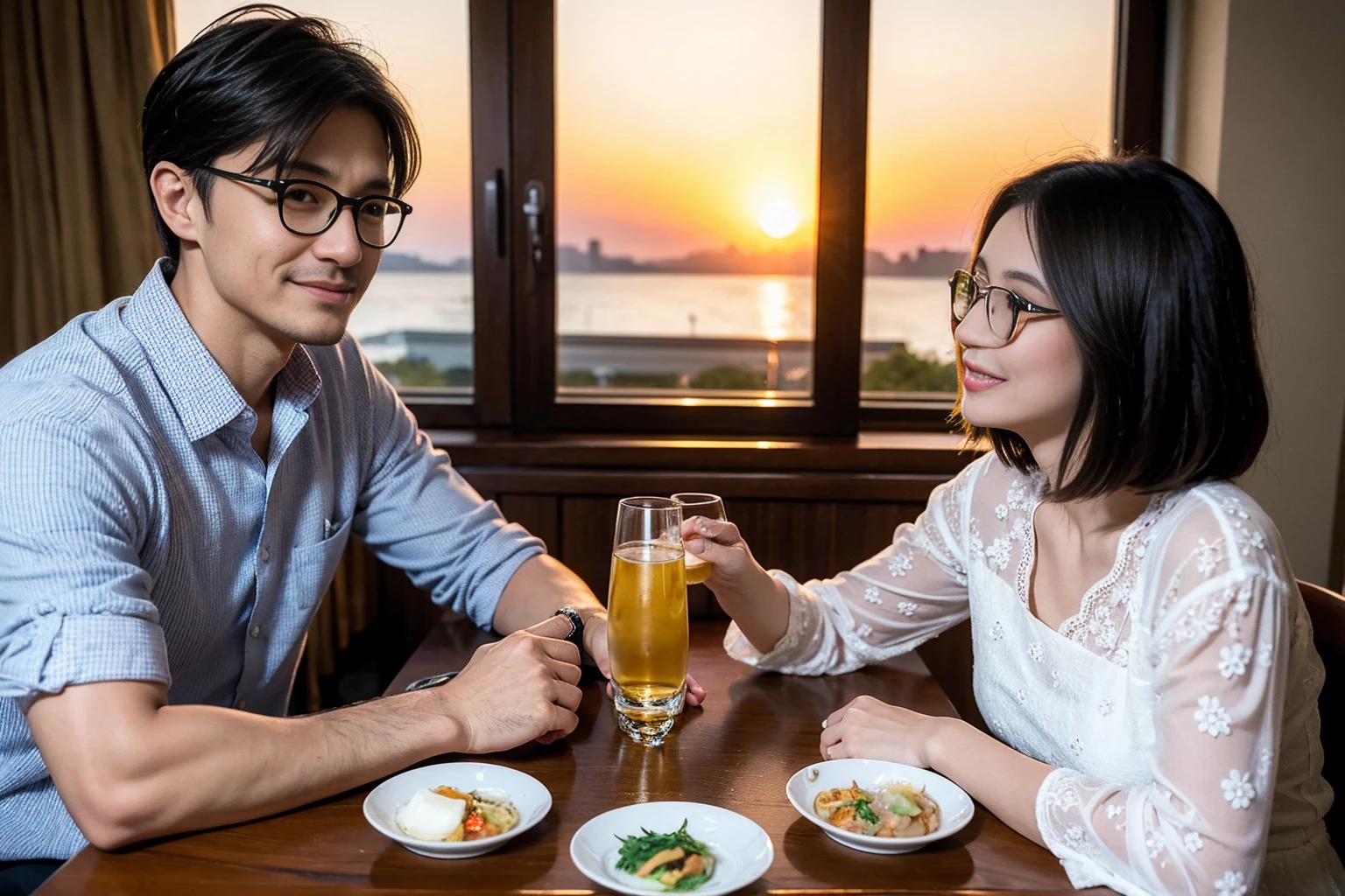 ((highest quality、8k、masterpiece:1.3))、 (Real, Genuine、Face carefully、Bright image、Intricate details:1.2), 最高のsmile、1 male, 1 female、Beautiful couple、Lovers、Love Love Couple、A gentle lover、actress、model、smile、Glasses on the table、full-course dinner、Japanese sake,Junmai Ginjo,Sake Glass, Shochu、 (Slim face), (the body is slim), (Brown Hair), (short hair), Please put light on my face、 Amazing view of the sunset sky and clouds、 (42 years old), 39 years old, Fashionable shirts,dress、Delicate eyes, double eyelid,