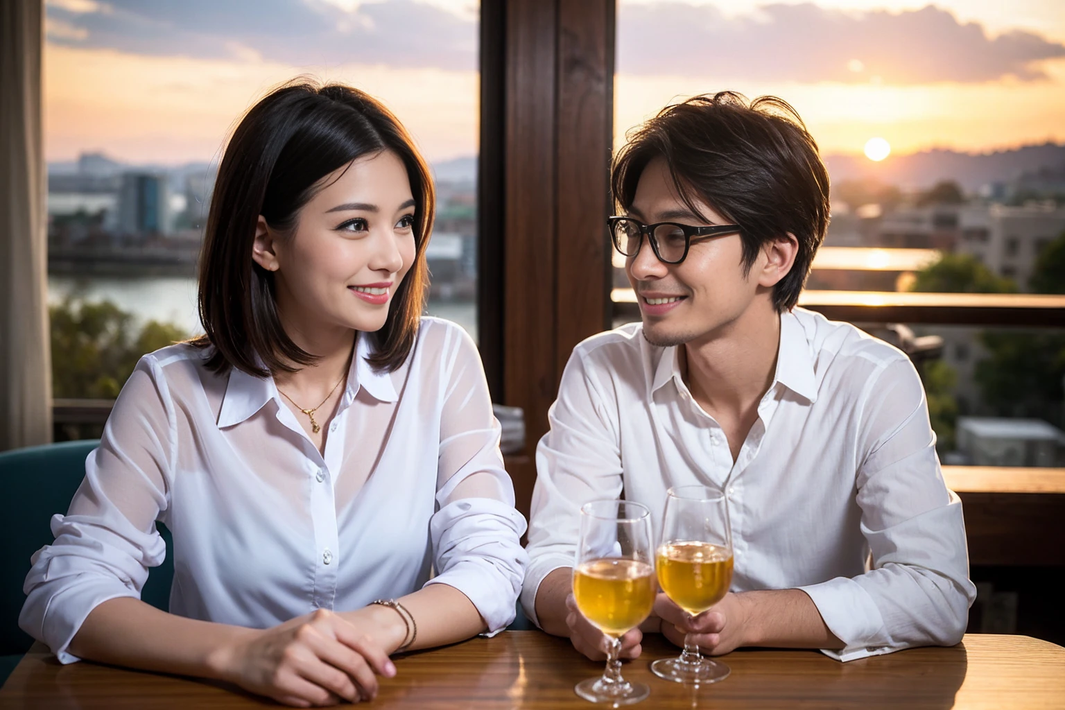 ((highest quality、8k、masterpiece:1.3))、 (Real, Genuine、Face carefully、Bright image、Intricate details:1.2), 最高のsmile、1 male, 1 female、Beautiful couple、Lovers、Love Love Couple、A gentle lover、actress、model、smile、Glasses on the table、full-course dinner、Japanese sake,Junmai Ginjo,Sake Glass, Shochu、 (Slim face), (the body is slim), (Brown Hair), (short hair), Please put light on my face、 Amazing view of the sunset sky and clouds、 (42 years old), 39 years old, Fashionable shirts,dress、Delicate eyes, double eyelid,