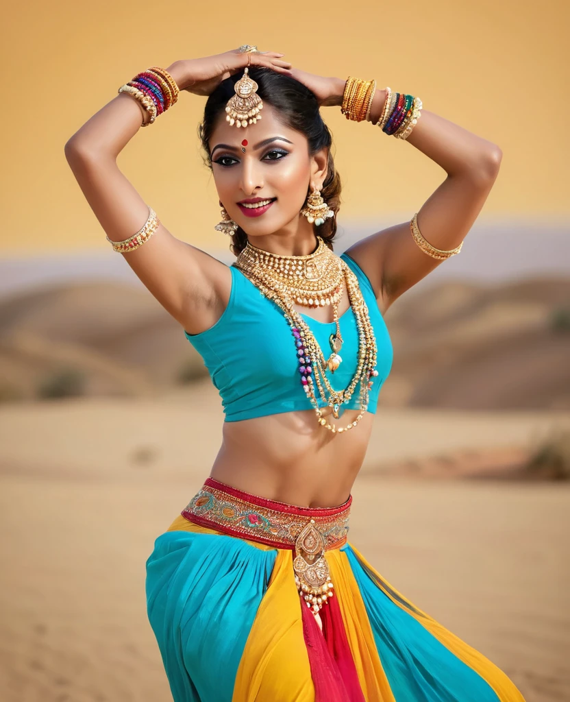 An Indian dancer, delicate facial features, full body, dynamic Indian dance, banghra, colorful outfit, Indian golden jewelry, bracelet, Bollywood imagery, ochre semidesertic land as background. 