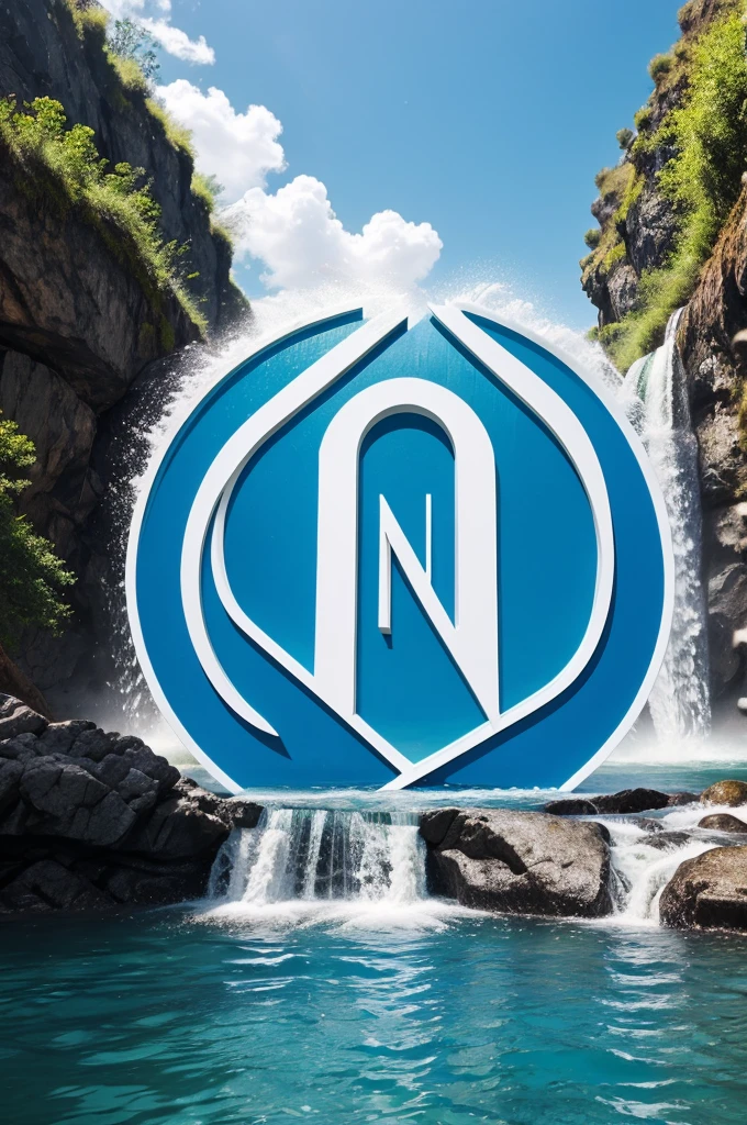 Create a logo for a clothing house called "NEER" in blue and white, also make use of water element and magic and whimsical landscape