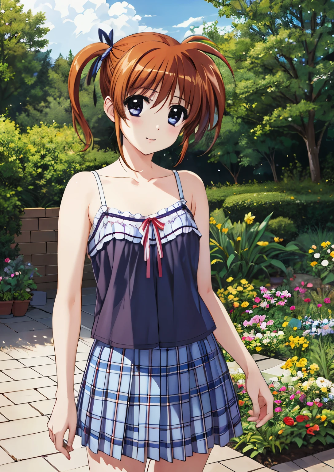 Nanoha,1 girl, 高町Nanoha, high school girl,Medium Hair, bangs, Hair between the eyes,Wavy Hair、Standing、 Looking at the audience, whole body, Front view:0.6, (Beautiful views), garden, camisole, 白のcamisole , Grey plaid pleated skirt,、(Real、Photorealistic、Photorealistic:1.30)、HDR、UHD、Ultra-fine painting、Sharp Focus、Physically Based Rendering、Cowboy Shot