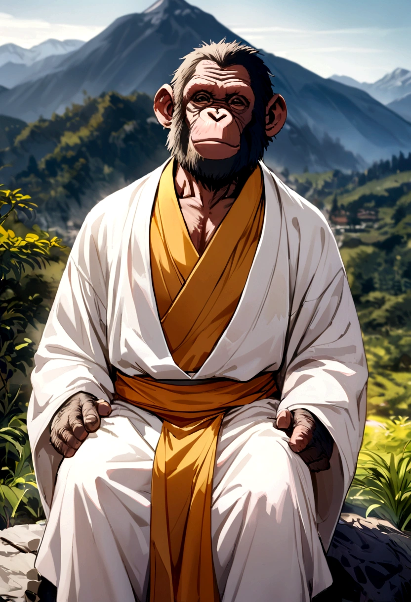 A chimpanzee using monk clothes, mountain view, sitting on the rock