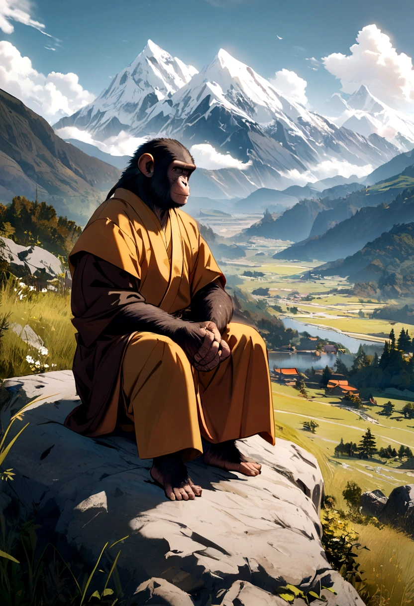 A chimpanzee using monk clothes, mountain view, sitting on the rock