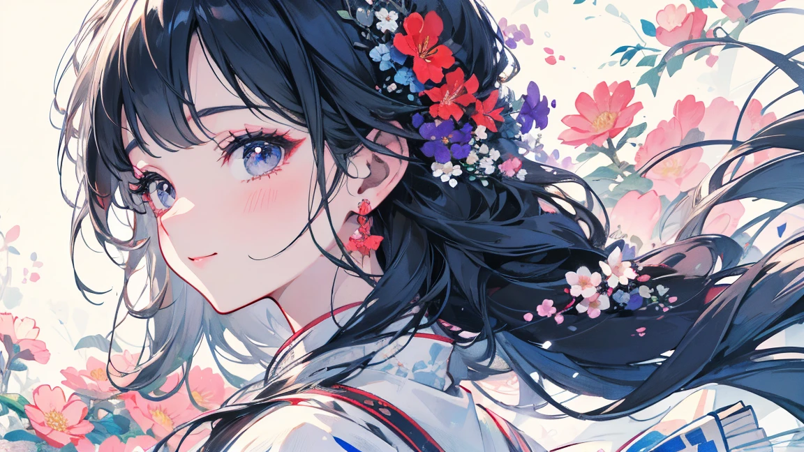 Background with lots of blooming flowers.、Close-up portrait of a woman looking back and smiling。Her braids are decorated with lots of flowers..。A wonderful illustration full of happiness.、Floral Background、Very high quality、high resolution、Very delicate depiction.。Rare labor pains
